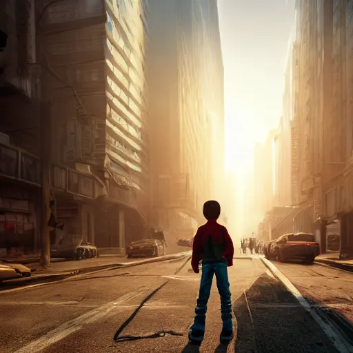 Prompt: a boy in a big apocalyptic city, sunrays in fog, sharp high quality artwork in style of jared chavez, unreal engine, hyper realism, realistic shading, cinematic composition, hdr, detailed textures, photorealistic, 3 5 mm film, concept art, top of artstation