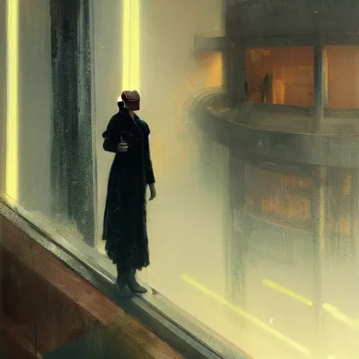 Prompt: rachael from bladerunner in vr helmet standing on the ledge by jeremy mann and edward hopper