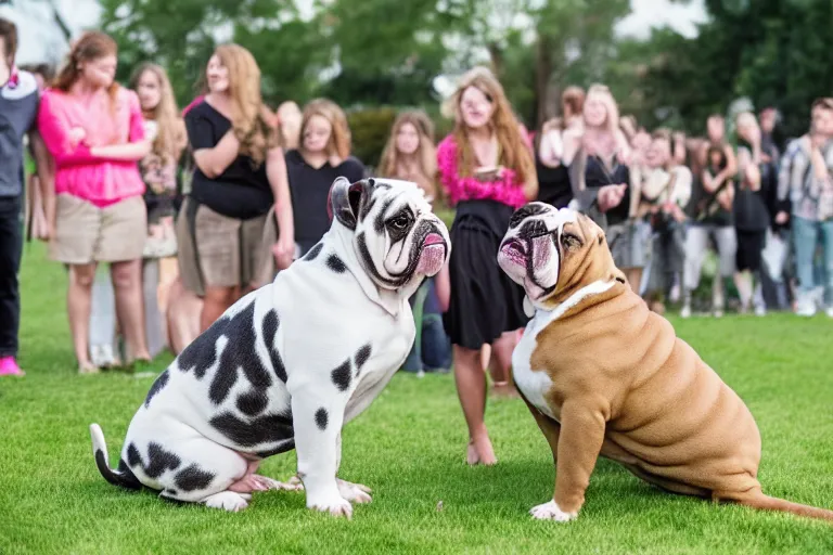 Image similar to a crowd of high school graduates petting an english bulldog wearing a crown, english bulldog wearing a plastic crown