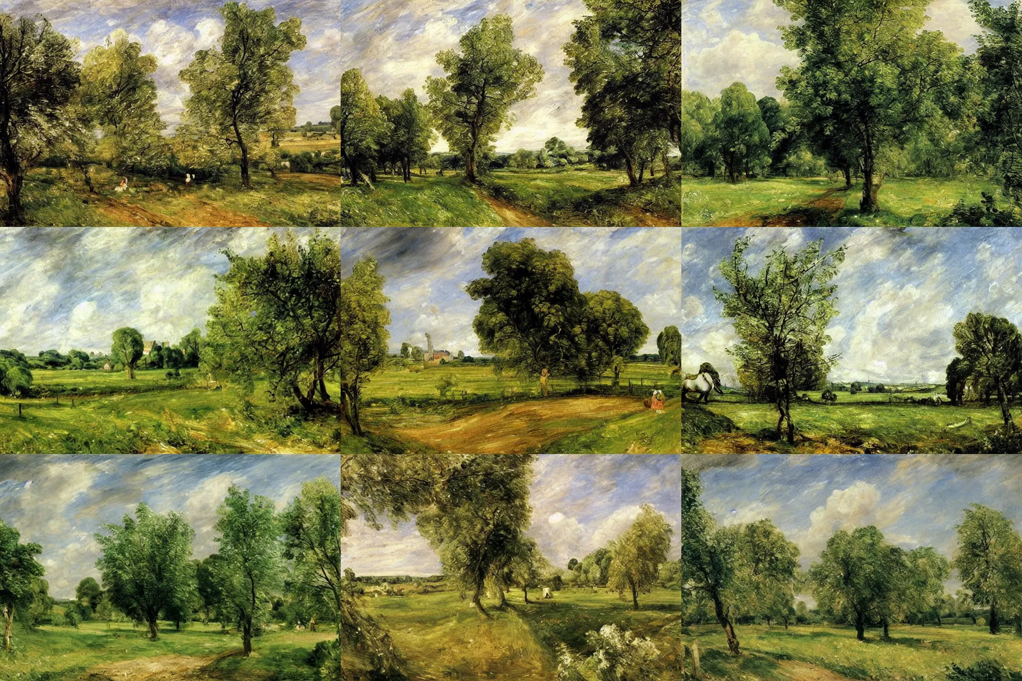 Prompt: beautiful orchard, fields in the english countryside, summer heat, painting by john constable