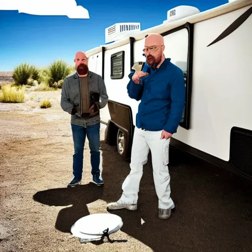 Image similar to Walter White cooking blue meth with Seth Rogan inside an RV