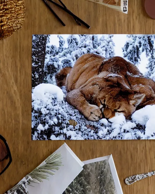 Image similar to ripped up postcard showing 'a cougar sleeping in the middle of snowy pine tree' laying on coffee table, zoomed out shot, HD, iphone capture, rips, tears