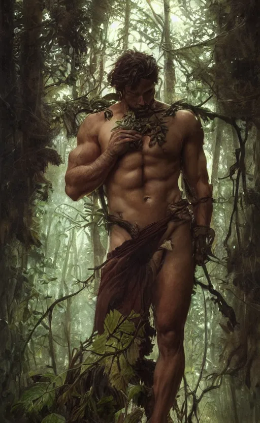 Image similar to god of the forest, 3 0 years old, rugged, handsome, male, detailed face, clean lines, atmospheric lighting, amazing, full body, thighs, flowers, muscular, intricate, highly detailed, digital painting, deviantart, concept art, sharp focus, illustration, art by greg rutkowski and alphonse mucha