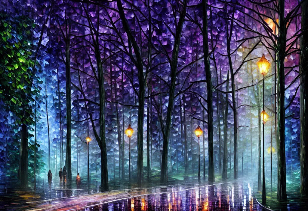 Image similar to lothlorien at night, very dark sky with green lights, blue lights and purple lights, elven forest town with houses up in the trees, oil painting, dramatic lighting, jakub kasper, makoto shinkai, leonid afremov, hyperrealistic, cinematic, elegant, intricate