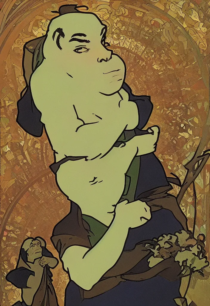 Image similar to yann lecun as shrek, in art style by alphonse mucha