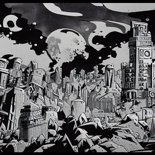 Image similar to landscape of apocalypse city, grayscale, by mike mignola