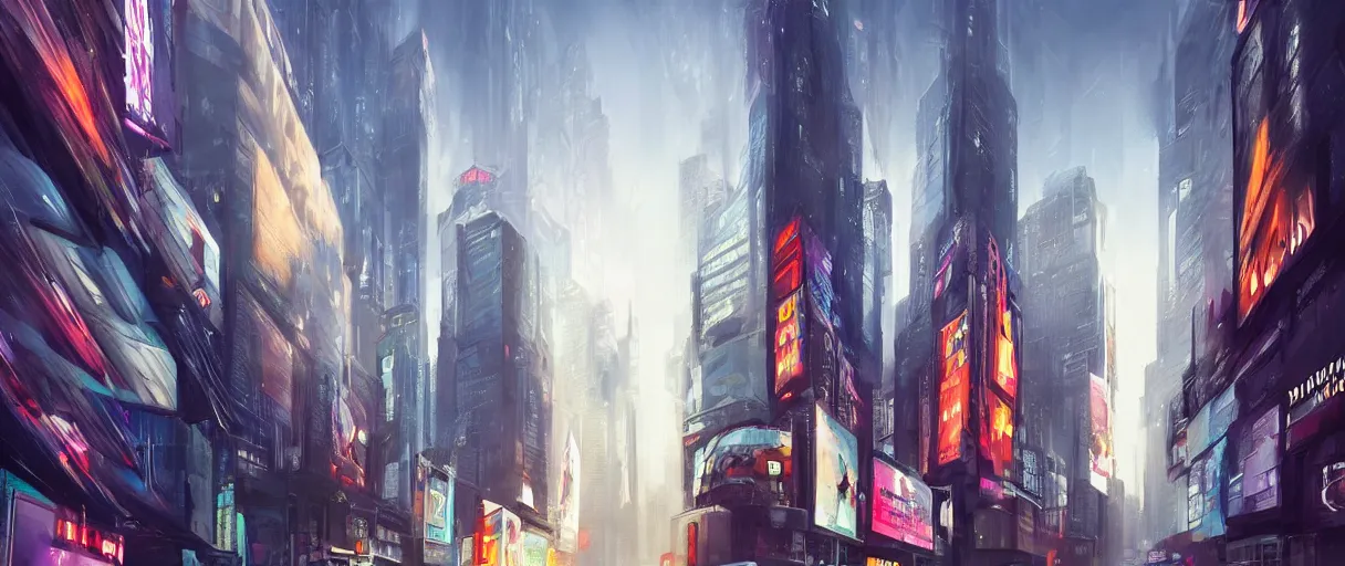 Prompt: huge modern downtown city, billboards, Times Square, dark, concept art, digital painting, style of jordan grimmer, warm lighting, futuristic, volumetric lighting, view from below, daytime, godrays , high detail