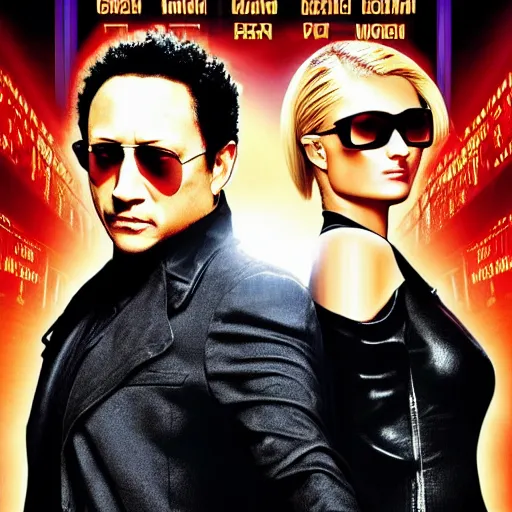 Prompt: New Movie Poster for Matrix Remake (2024) staring Rob Schneider and Paris Hilton