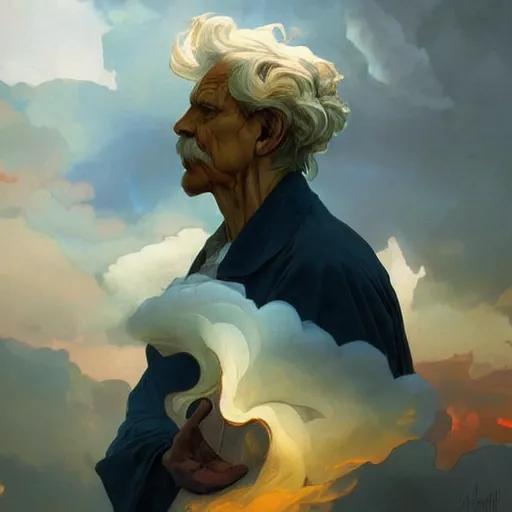 Image similar to swirling clouds in a stormy sky forming the shape of the face of a wise but stern old man. Colorful, reds, yellows, blues. Beautiful, dreamy digital art by Artgerm and Greg Rutkowski and Alphonse Mucha