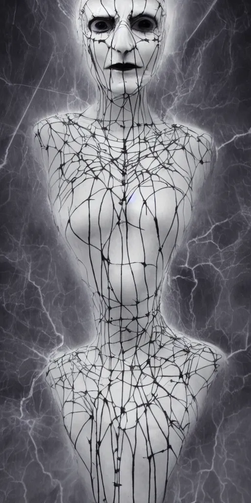 Prompt: priestess, luminous veins, style of ravens stormy sky of foreboding, dora maar and cecile beaton, occult, cinematic, robotic bust, skeletal omens, volumetric light, rim light, gothic, 8 k