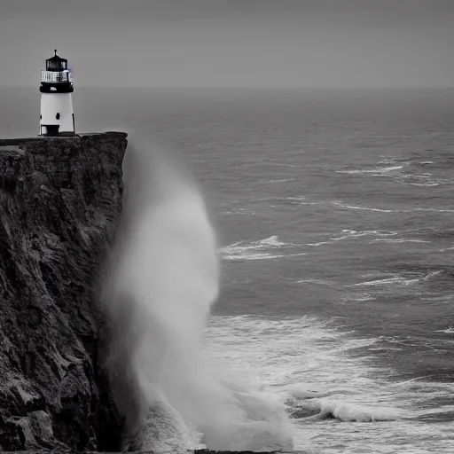Image similar to light house on cliffs with rough seas and high waves, stormy unreal 5
