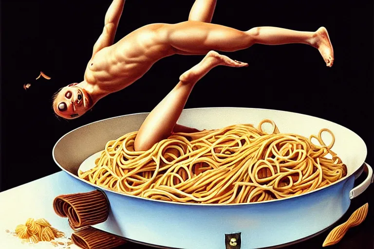 Image similar to olympic diver diving from springoard into a dish of pasta, detailed surrealist art, artgerm