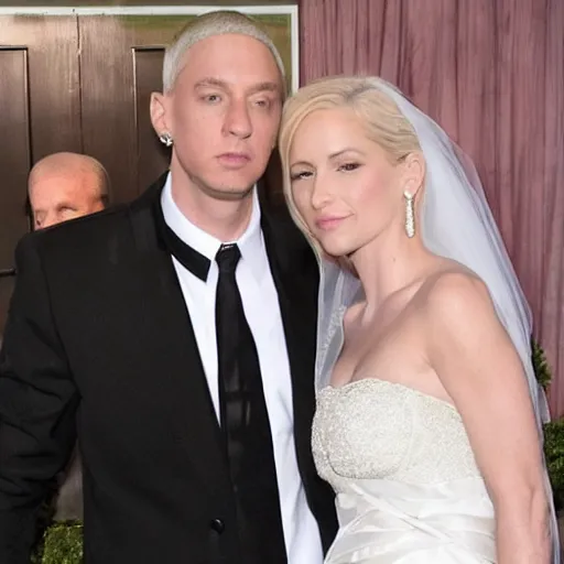 Prompt: eminem wearing a wedding dress, picture, wedding, photo, snapshot, breaking news,