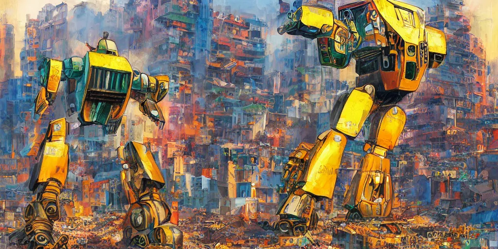 Image similar to colourful - damaged - giant mecha ROBOT of AJEGUNLE SLUMS in Lagos, markings on robot, Golden Hour, in the style Alex ross,