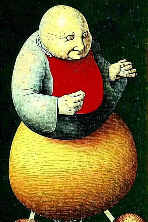 Image similar to hieronymus bosch painting of egg shaped humpty dumpty