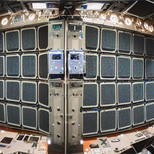 Prompt: giant wall of sound speakers in the interior of an international space station. giant robotic mech particle accelerator. photorealistic 35mm 4k