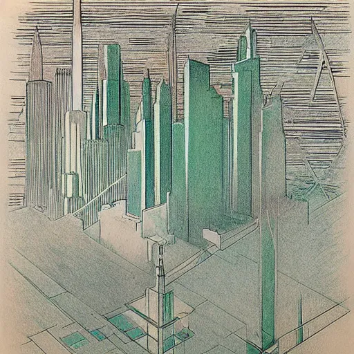 Image similar to frank lloyd wright's design for the emerald city, color pastel drawings by hugh ferriss