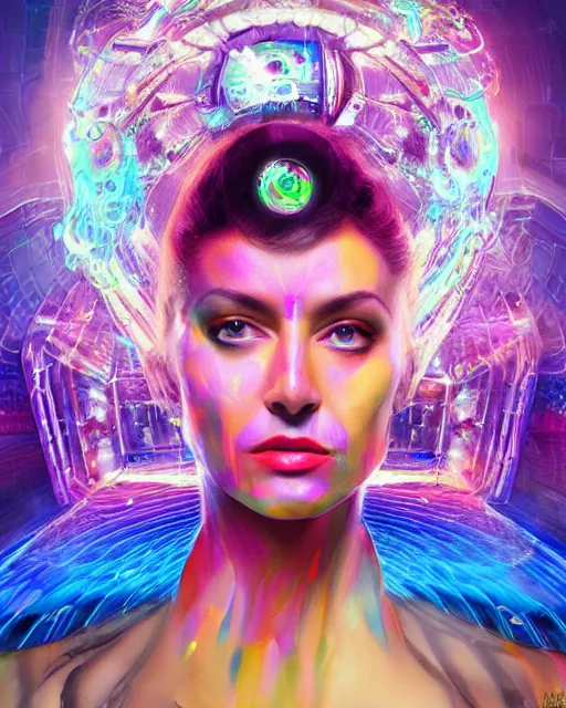 Image similar to a powerful energy psychedelic matrix queen, by alexander fedosav, hyper detailed digital matte painting, concept art, hyperrealism, 1 6 k resolution, cinema 4 d, 8 k resolution, trending on artstation, behance hd, a masterpiece, by stephan martiniere, particles, cel - shaded, power bright neon energy, by david a. hardy,