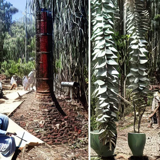 Prompt: a ceramic still distilling eucalyptus into a liquid, infrastructure