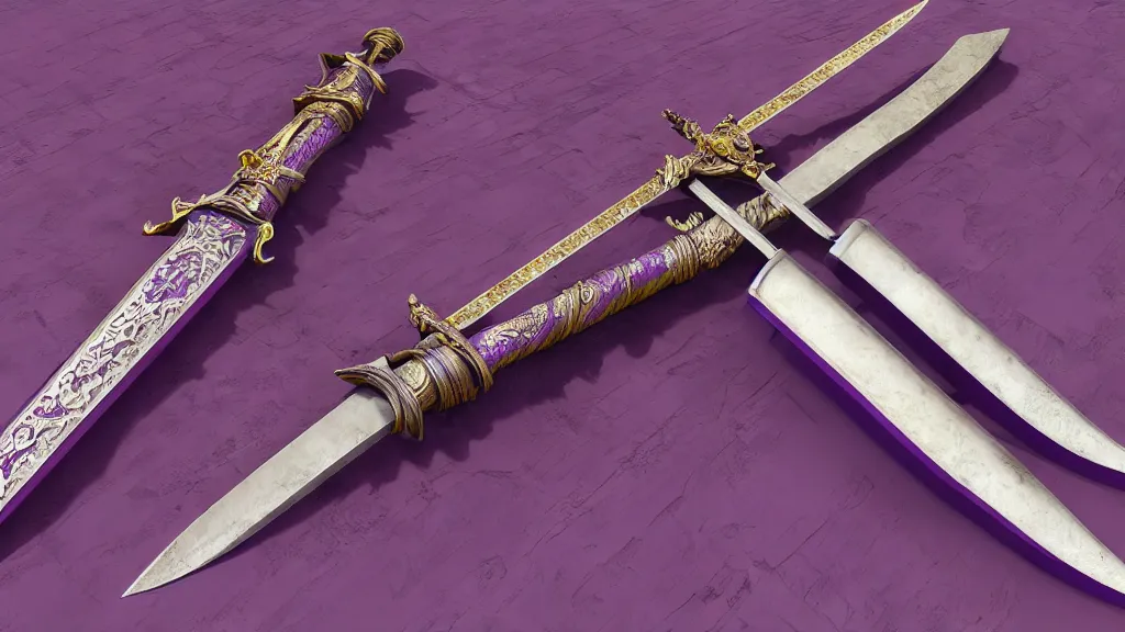 Prompt: medieval broad sword, purple aura, purple inscription on blade, intrinsic design, hyper detailed, 4 k, 8 k, octane render