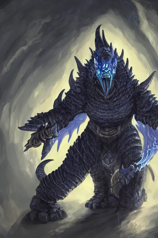 Image similar to a D&D character of a dark blue dragonborn with blue flame burning half his face, he has large tusks, he wears a black dragon scales armor, D&D concept art