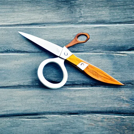 Prompt: scissors on a wood surface, photograph, 4 k