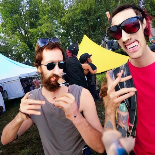 Image similar to two tall lenky guys getting very high on weed while smoking a joint at a festival