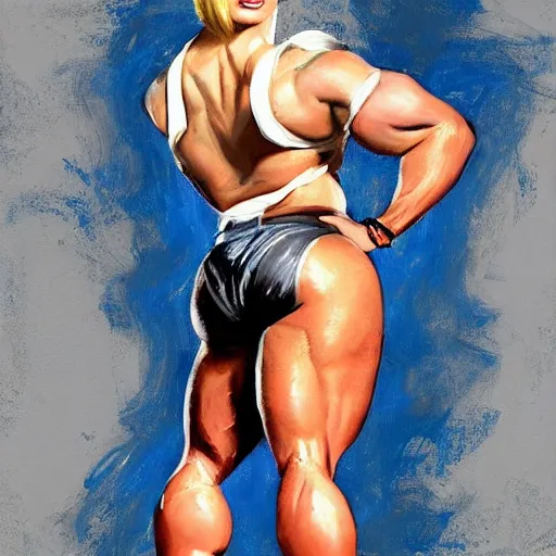 Image similar to greg manchess portrait of margot robbie as thick female bodybuilder zarya from overwatch, epic grimdark, fantasy, medium shot, asymmetrical, profile picture, organic painting, sunny day, matte painting, bold shapes, hard edges, street art, trending on artstation, by huang guangjian and gil elvgren and sachin teng