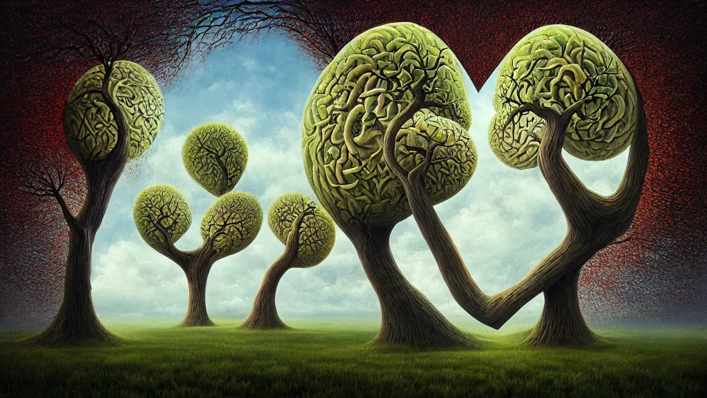 Prompt: surreal landscape, surrealism, trees, fibonacci, heart shape, esao andrews, victor enrich, dali