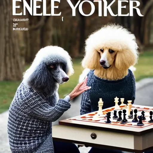 Image similar to two elderly poodles wearing sweater vests playing chess in the style of a New Yorker magazine cover