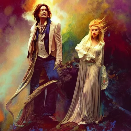 Prompt: johnny depp and amber heard on the style and color pallete of fleetwood mac's album rumours, intricate, elegant, highly detailed, digital painting, artstation, smooth, sharp focus, illustration, art by artgerm and greg rutkowski and alphonse mucha, cinematic