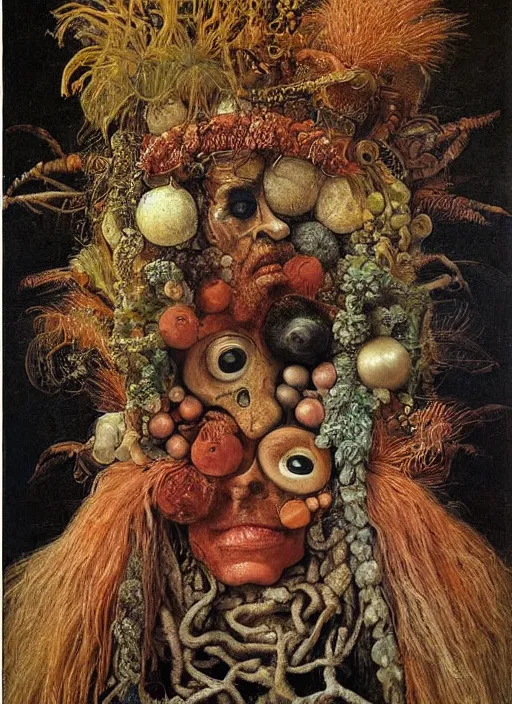 Prompt: a surreal painting of a ocean shaman's face, by Giuseppe Arcimboldo, symbolist, soft colors, dramatic lighting, smooth, sharp focus, extremely detailed, aesthetically pleasing composition