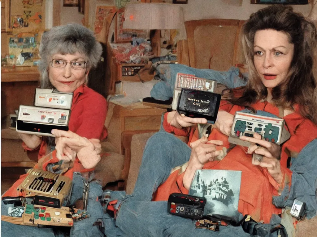 Image similar to log lady from twin peaks with a nes video game console