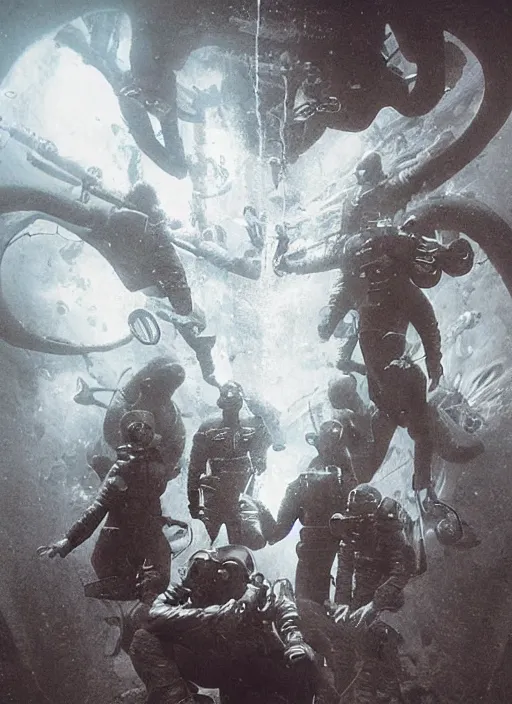 Image similar to astronauts in dark and empty void underwater - complex and hyperdetailed technical suit. reflection and dispersion materials. rays and dispersion of light. volumetric light. 5 0 mm, f / 3 2. noise film photo. flash photography. ultra realistic, wide angle. poster by wayne barlowe, hajime sorayama aaron horkey, craig mullins