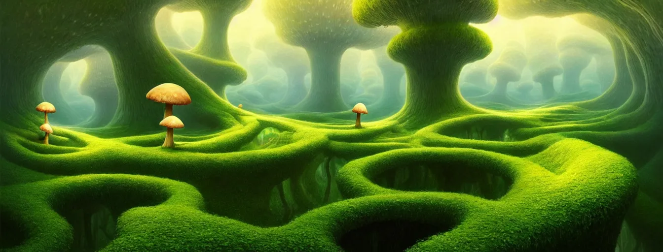 Image similar to gediminas pranckevicius beautiful and stunning professional digital artwork of a glowing mushroom cave haze spores floating in the air vines flow water volumetric lighting, hyperrealistic, rtx on, ultra detail, barlowe wayne, maxfield parrish and marco mazzoni, holes, infinite mirror, fragments | no signature!