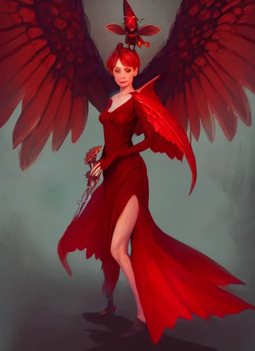 Image similar to Full-body illustration of tiny pixie, D&D fantasy, wearing a red dress, with large wings, intricate, highly detailed, digital painting, artstation, concept art, sharp focus, illustration, art by greg rutkowski and Ross Tran