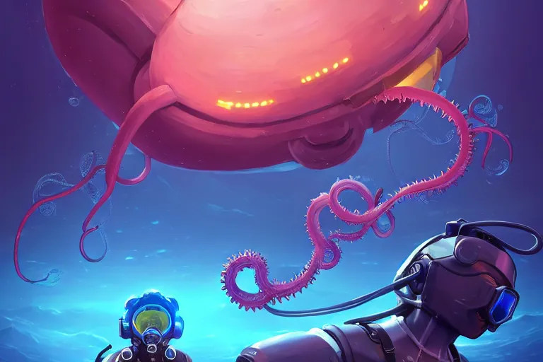 Prompt: afro - futurist scuba divers escaping an alien leviathan, gigantic angler fish with tentacles | hyperrealistic digital painting by makoto shinkai, ilya kuvshinov, lois van baarle, rossdraws | afrofuturism in the style of hearthstone and overwatch, trending on artstation