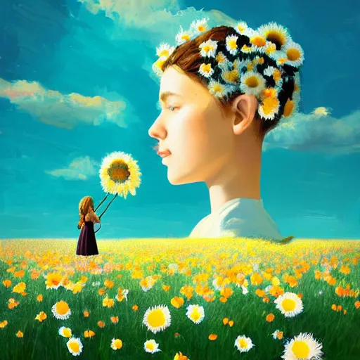 Prompt: girl with a giant daisies head, surreal photography, flower field, sunset dramatic light, impressionist painting, colorful clouds, blue sky, digital painting, artstation, simon stalenhag