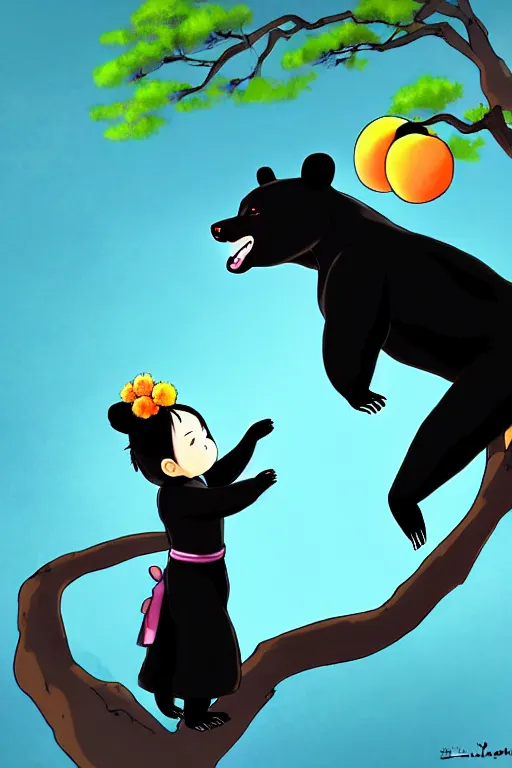 Prompt: digital painting of an anthropomorphic asian black bear, lifting up a small girl wearing a kimono, to pick a golden peach from a branch above their heads. fantasy. artstation. deviantart. in the style studio ghibli