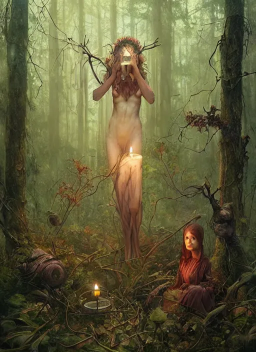 Image similar to a hyper realistic witch shrine, candles, in the woods, distant explosions, gorgeous lighting, lush forest foliage, painting by chiara bautista and tom bagshaw, mucha, beksinski and norman rockwell and greg rutkowski weta studio, and lucasfilm