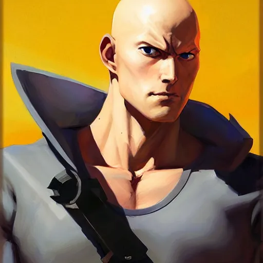 Image similar to Greg Manchess portrait painting of Saitama as Overwatch character, medium shot, asymmetrical, profile picture, Organic Painting, sunny day, Matte Painting, bold shapes, hard edges, street art, trending on artstation, by Huang Guangjian and Gil Elvgren and Sachin Teng