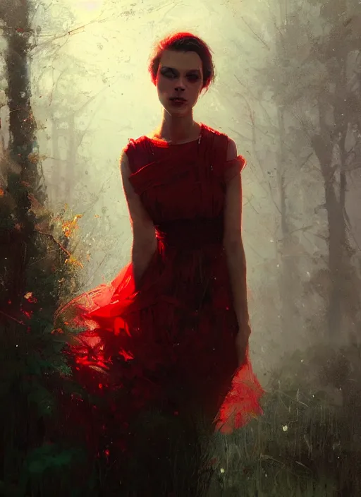 Image similar to outdoor portrait of a beautiful girl, shades of red and green, beautiful face, rule of thirds, intricate outfit, spotlight, by greg rutkowski, by jeremy mann, digital painting