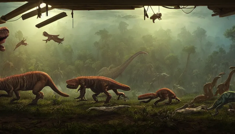 Prompt: a closed terrarium of jurassic animals attacking each other on a wooden table, action scene, an epic fantasy, dramatic lighting, cinematic, extremely high detail, photorealistic, cinematic lighting, artstation, by simon stalenhag, horizon forbidden west