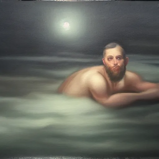 Image similar to man floating in the dark, oil painting, pale colors, high detail, 8 k, wide angle, trending on artstation,