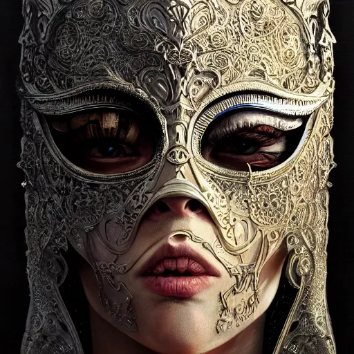 Image similar to Very very very very highly detailed epic photo of face with venetian mask, intricate, dystopian, sci-fi, extremely detailed, digital painting, artstation, concept art, smooth, sharp focus, illustration, intimidating lighting, incredible art by Anton Pieck, Artgerm and Vincent di Fate