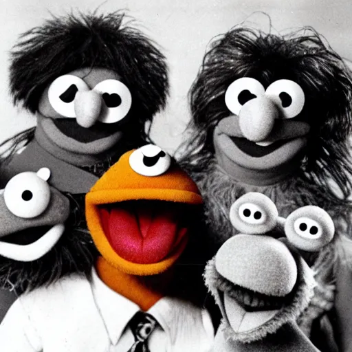 Prompt: family photo of creepy muppets, teeth, googly eyes, photo from the 70s