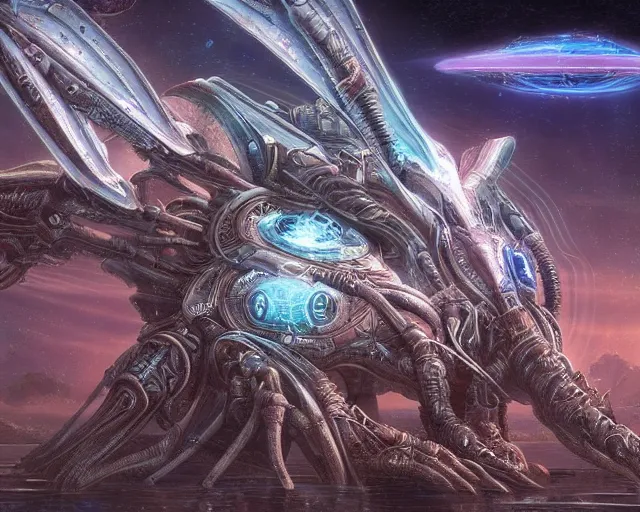 Image similar to immortal neuron, temple, mothership, alien utopia, holy place, protoss!!!!, starcraft, intricate, scifi, space, highly detailed, art by roberto digiglio and furio tedeschi and filippo ubertino