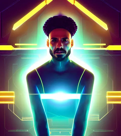 Image similar to symmetry!! egyptian king of technology, solid cube of light, hard edges, product render retro - futuristic poster scifi, lasers and neon circuits, brown skin handsome egyptian king, intricate, elegant, highly detailed, digital painting, artstation, concept art, smooth, sharp focus, illustration, dreamlike, art by artgerm