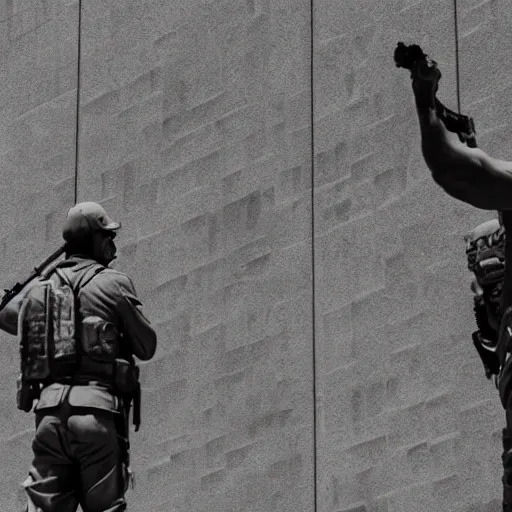 Prompt: the special forces pointing at a peanut statue, security camera, black and white, detailed, realistic, 4k, megalofobia