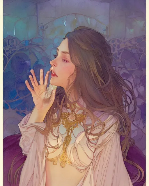 Image similar to secret romance, highly detailed, gold filigree, romantic storybook fantasy, soft cinematic lighting, award, disney concept art watercolor illustration by mandy jurgens and alphonse mucha and alena aenami, pastel color palette, featured on artstation